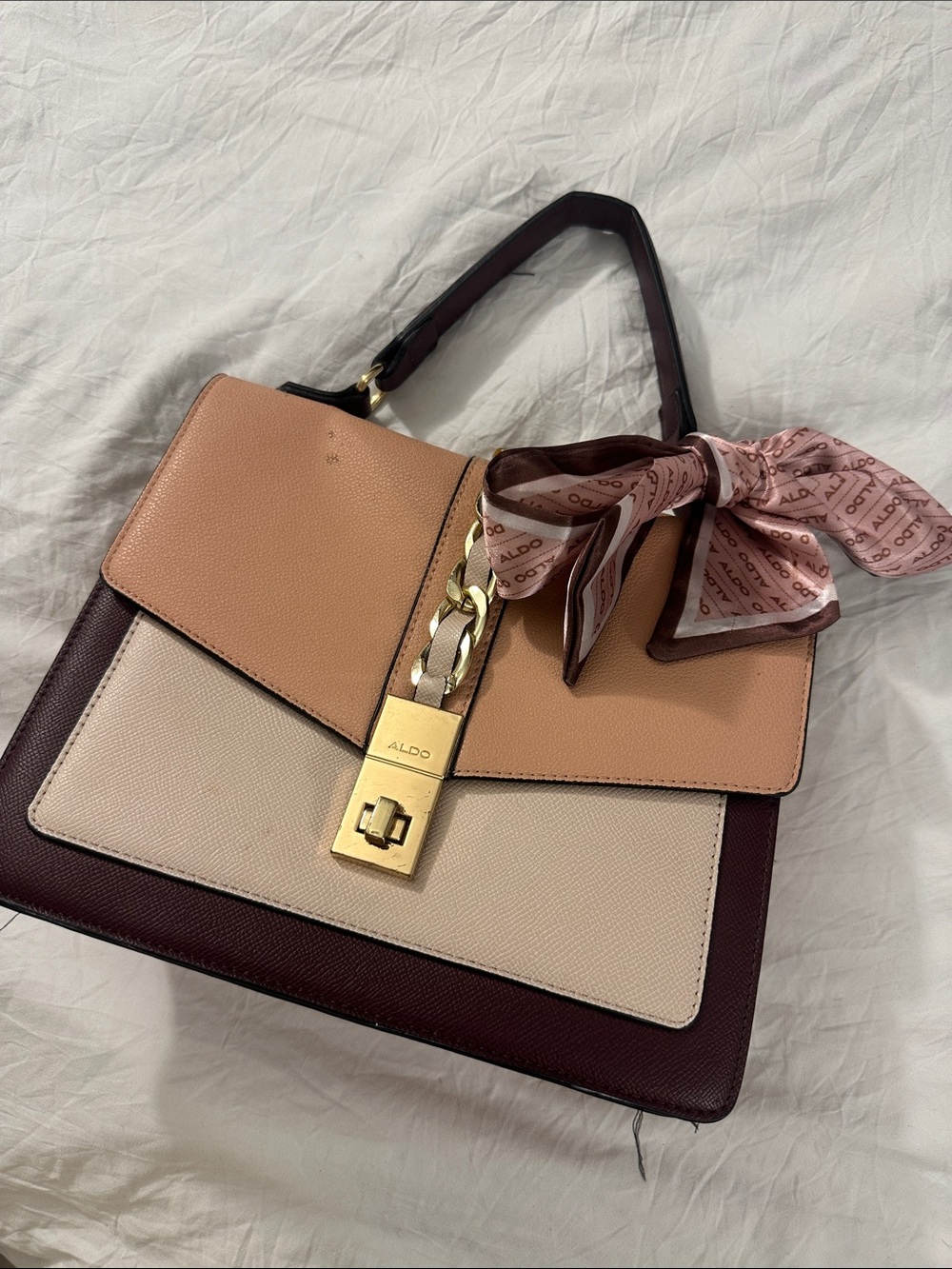 ALDO Colorblock Satchel in Beige, Peach & Burgundy with Scarf